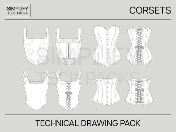 Corsets Flat Sketches Bundle - Fashion Flats, Fashion Design, Technical  Drawing, Tech Pack, Vector