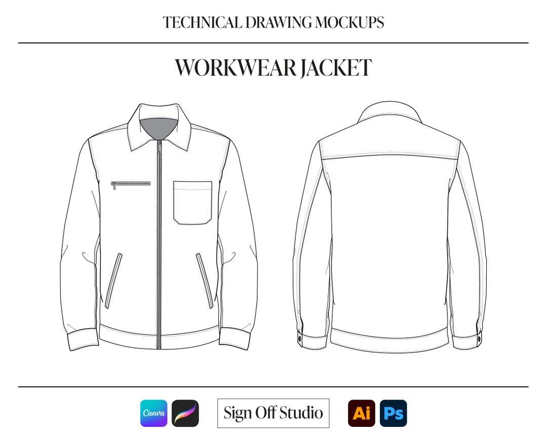 Work Jacket Layout Workwear Jacket Flat Sketch - Fashion Flats, Fashion Design, Technical ...
