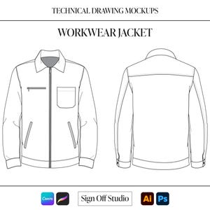 May include: Technical drawing mockups of a workwear jacket, front and back views. The jacket has a collar, zipper, chest pocket, and side pockets. The text "WORKWEAR JACKET" is displayed above the jacket illustrations. The image also includes the text "Sign Off Studio".