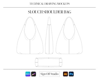 Slouch Shoulder Bag Flat Sketches – Fashion Design Technical Drawing / Mockup (Digital Download)