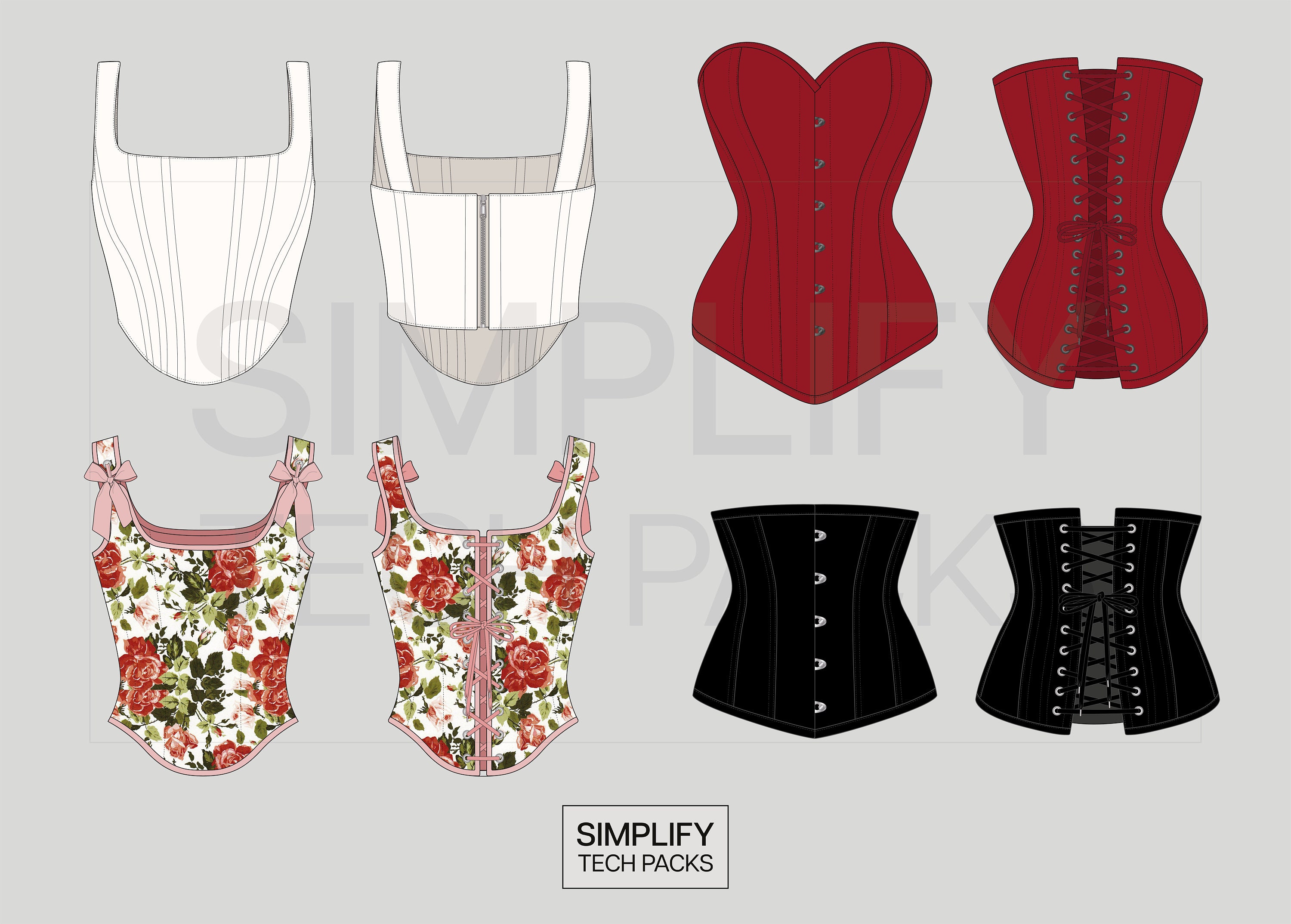 Corsets Flat Sketches Bundle - Fashion Flats, Fashion Design, Technical  Drawing, Tech Pack, Vector