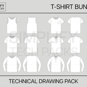 T-Shirts Flat Sketches Bundle - Fashion Flats, Fashion Design, Technical Drawing, Tech Pack