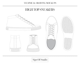 High-Top Sneaker Flat Sketch - Fashion Flats, Fashion Design, Technical Drawing, Tech Pack