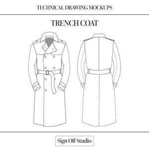 Trench Coat Flat Sketch - Fashion Flats, Fashion Design, Technical Drawing, Tech Pack, Mockup