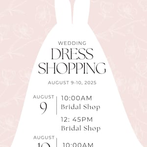 Może przedstawiać: Biała sylwetka sukni ślubnej wisi na drewnianym wieszaku, z napisem "Wedding Dress Shopping" czarnym tekstem. Wydarzenie zaplanowano na 9-10 sierpnia 2025 r., z godzinami i lokalizacjami.