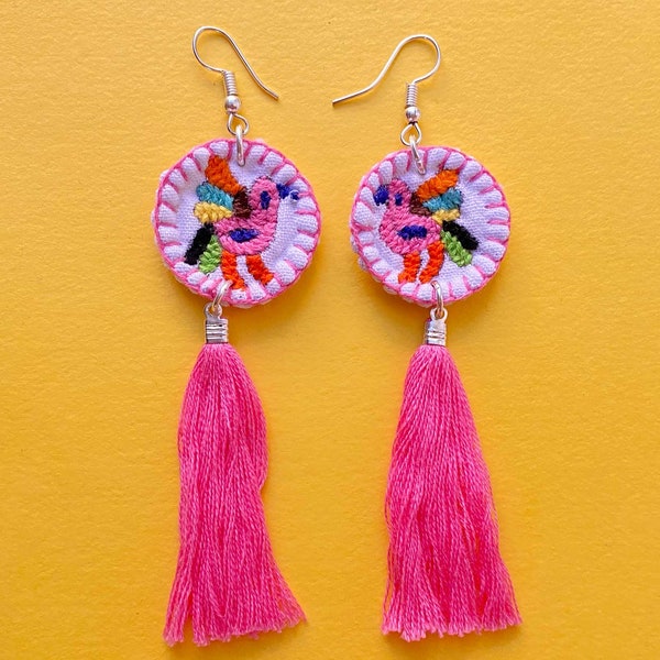 Mexican Colorful Earrings | Embroidered Handcraft Earrings | Otomi Pink Earrings | Bohemian Earrings | Boho Chic Earrings