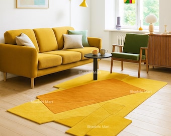 Modern Mustard Yellow Wool Rug | Hand-Tufted Geometric Area Rug