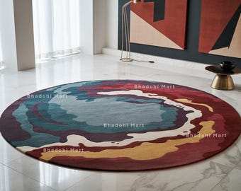 Tappeto rotondo in lana annodato a mano / Design astratto pastello, lana neozelandese