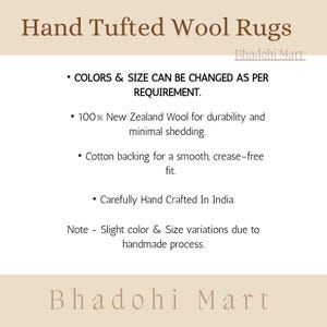 May include: Text on a white background reads "Hand Tufted Wool Rugs" and "Bhadohi Mart." Additional text states that colors and sizes can be changed, made with New Zealand wool, cotton backing, and hand-crafted in India.