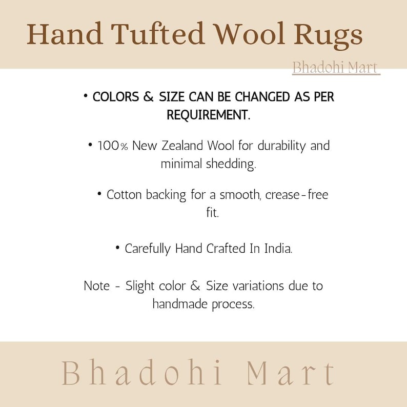 May include: Text on a white background reads "Hand Tufted Wool Rugs" and "Bhadohi Mart." Additional text states that colors and sizes can be changed, made with New Zealand wool, cotton backing, and hand-crafted in India.