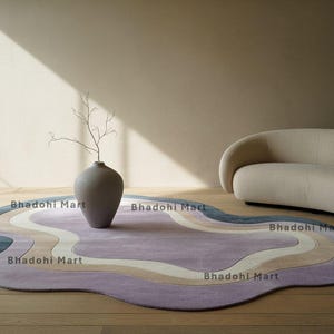 Modern Irregular Shape Wool Rug in Mauve, Cream & Beige | Abstract Hand-Tufted Designer Carpet | Custom Size Available | Living Room Rug