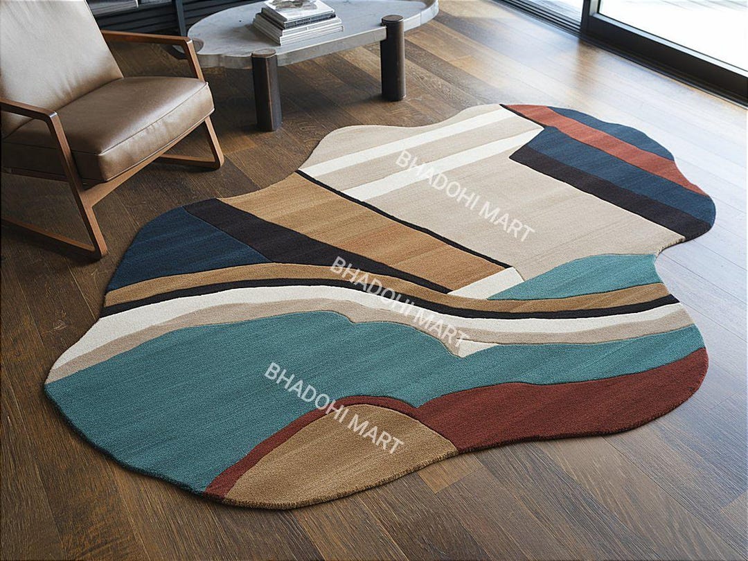 Irregular Shaped Multi Colored Hand Tufted Rug From 100% Wool for ...