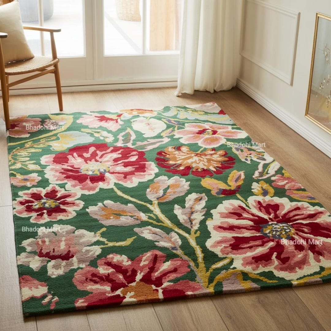 Green Floral Hand Tufted Wool Rug | Botanical Scandinavian Style Area ...