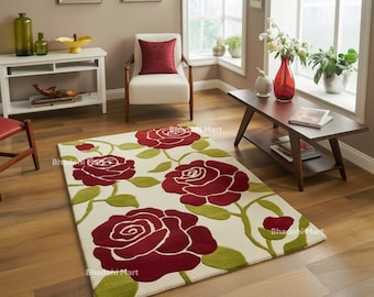 Rose Floral Hand Tufted Wool Rug | Modern Botanical Statement Area Rug