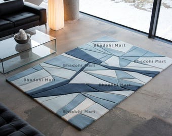 Hand Tufted Blue Geometric Wool Rug | Handmade Modern Carpet | Abstract Design in New Zealand Wool | Custom Size & Color