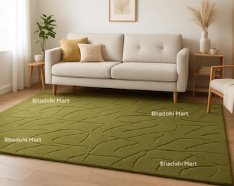 Olive Green Wool Rug – Hand-Tufted Embossed Organic Pattern