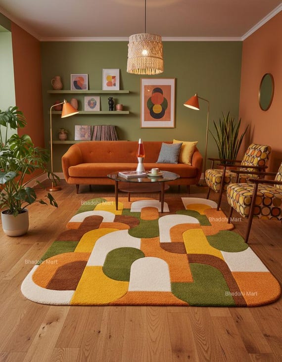 Mid-Century Modern Wool Rug – Hand-Tufted Geometric Plush Area Carpet
