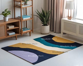 モダンなハンドタフテッドウールラグ - リビングルームや子供部屋に最適な抽象的なデザインのエリアラグ 5x8、6x9、8x10、9x12、カスタムサイズもご用意