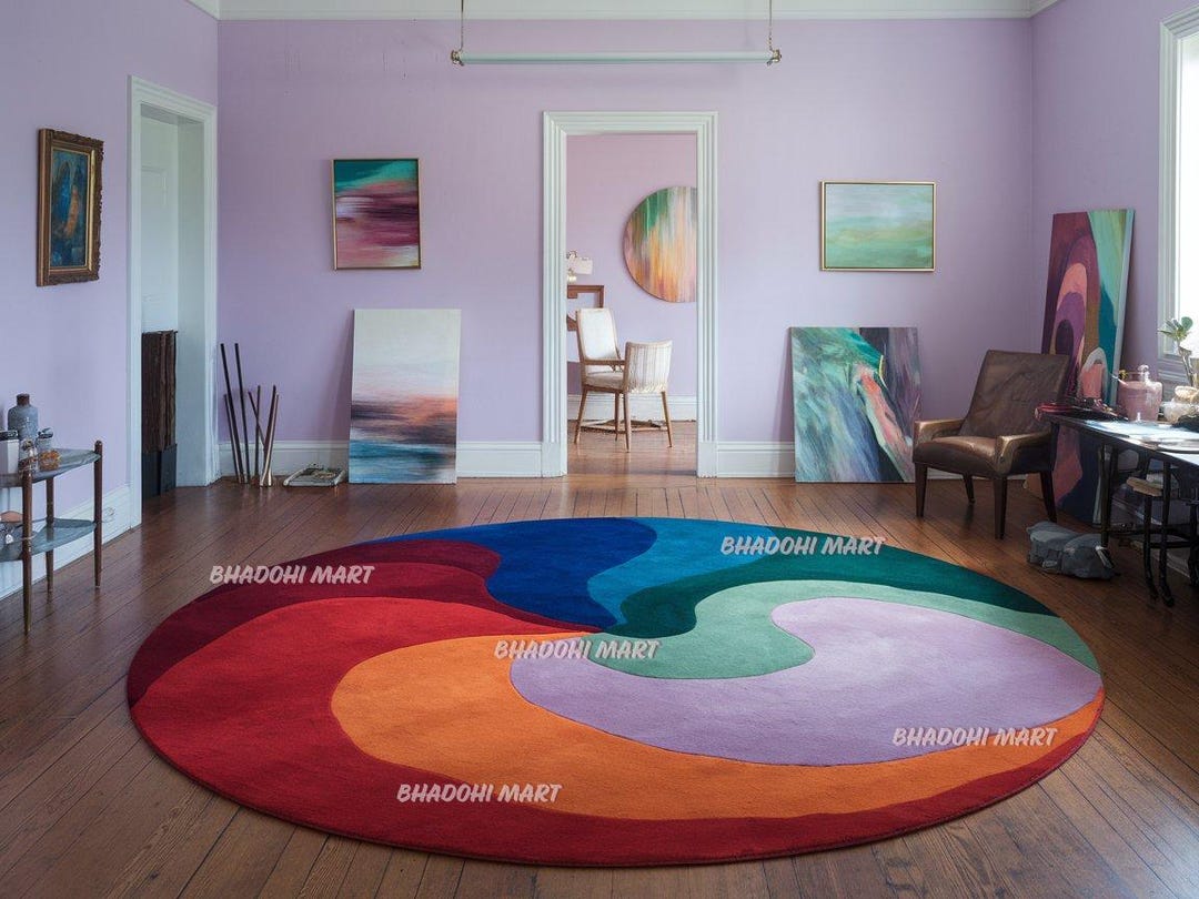 Round Shaped Multi Colored Hand Tufted Rug From 100% Wool for Living ...