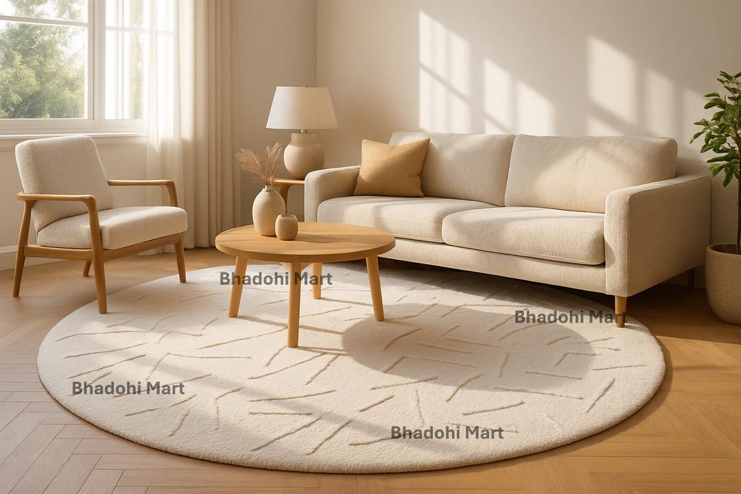 Hand-tufted New Zealand Wool Round Rug – Modern Abstract Ivory Carpet ...