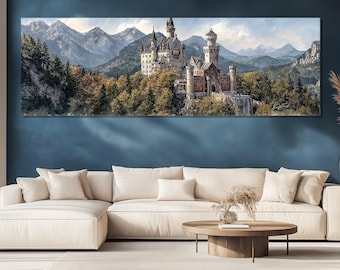 May include: A panoramic canvas print of a majestic castle nestled among lush green and autumn-colored trees, with a backdrop of towering, misty mountains. The castle features multiple towers and a red-tiled roof. The artwork is displayed above a cream-colored sectional sofa.