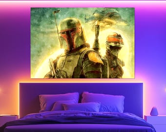 Boba Fett en Fennec Shand, Star Wars canvas print, aquarel sci-fi muurkunst, Star Wars fan cadeau, schilderij Boba Fett, poster Boba Fett