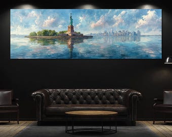 May include: A panoramic canvas print of the Statue of Liberty on Liberty Island, with the New York City skyline in the background. The artwork features a watercolor style with blue, white, and green hues, reflecting in the water.