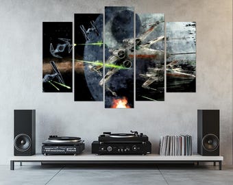 Schlacht am Todesstern, Star Wars Leinwand Druck, X-Wing vs TIE Fighters Sci-Fi Wandkunst, Star Wars Fan Geschenk, Star Wars Weltraumschlacht Gemälde