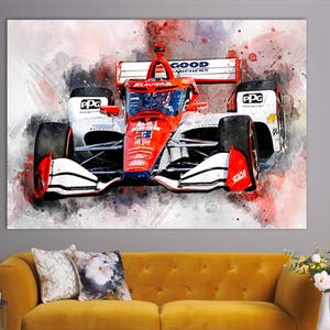 May include: A red, white and black racing car with the number 3 on the side. The car is in motion and has a watercolour effect. The car has the words "GOOD YEAR" and "PPG" on it.