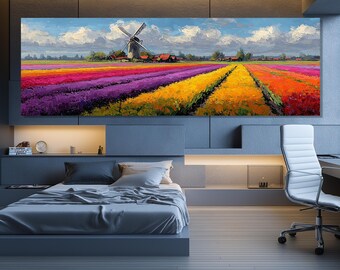 May include: A large, rectangular canvas print depicting a vibrant landscape. The artwork showcases a windmill and houses in the background, with colorful rows of flowers in the foreground. The flowers are in shades of purple, yellow, orange, and red.