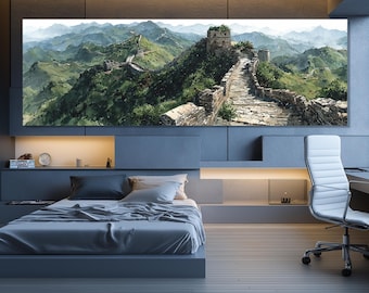 May include: A large rectangular canvas print depicting the Great Wall of China. The artwork showcases the wall winding through a mountainous landscape, with shades of green and blue dominating the scene. The wall itself is rendered in tones of brown and gray.