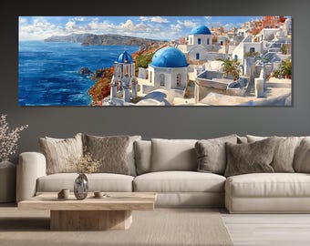 May include: Panoramic canvas art print depicting a coastal village with white buildings, blue domes, and the Aegean Sea. The artwork showcases a vibrant blue sky with clouds, cliffs, and a distant mountain range. The painting is a landscape scene.