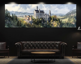 May include: A panoramic watercolor painting of a castle nestled among trees and mountains. The castle features multiple towers and a white facade. The artwork is displayed above a brown leather sofa in a dark room.
