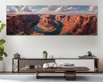 May include: Panoramic canvas art print depicting a scenic view of a canyon with a river winding through it. The artwork features vibrant colors of red, brown, and blue, with a cloudy sky above. The landscape painting is a decorative wall art piece.