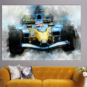 Fernando Alonso RENAUL Auto Leinwanddruck, Kunst auf Leinwand, F1 Fan Geschenk, Sport Wandkunst, Sport Raum Dekor, Autosport Fan Geschenk