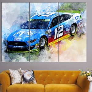 May include: A three-panel wall art print featuring a blue and white race car with the number 12. The car has sponsor logos and is set against a watercolor-style background. The word "MUSTANG" is visible.