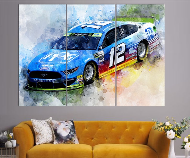 May include: A three-panel wall art print featuring a blue and white race car with the number 12. The car has sponsor logos and is set against a watercolor-style background. The word "MUSTANG" is visible.