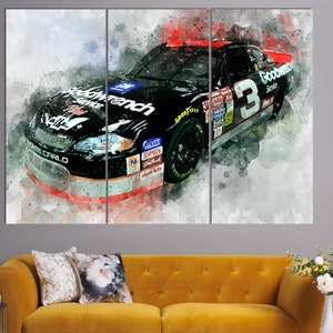 May include: A watercolor painting of a black race car with the number 3 on the side. The car is a Monte Carlo and has the words "Goodwrench Service" on the side. The car is surrounded by splashes of red and white paint.