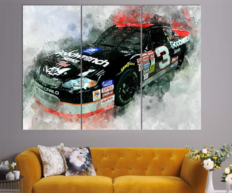 May include: A watercolor painting of a black race car with the number 3 on the side. The car is a Monte Carlo and has the words "Goodwrench Service" on the side. The car is surrounded by splashes of red and white paint.