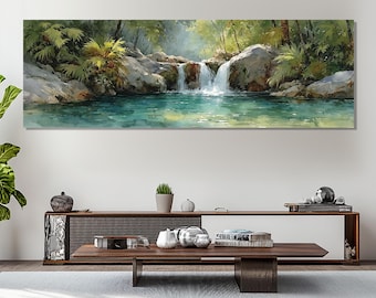 May include: A panoramic canvas print depicts a serene waterfall scene. The artwork showcases a turquoise pool, cascading water, and lush greenery. The painting's style is reminiscent of watercolor, with soft colors and a tranquil atmosphere.