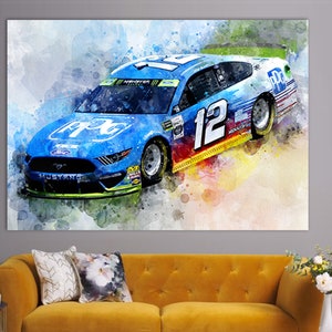 May include: Watercolor painting of a blue and white race car with the number 12 on the side. The car has sponsor logos and the word "Mustang" on the front. The artwork has a dynamic, artistic style with watercolor effects.