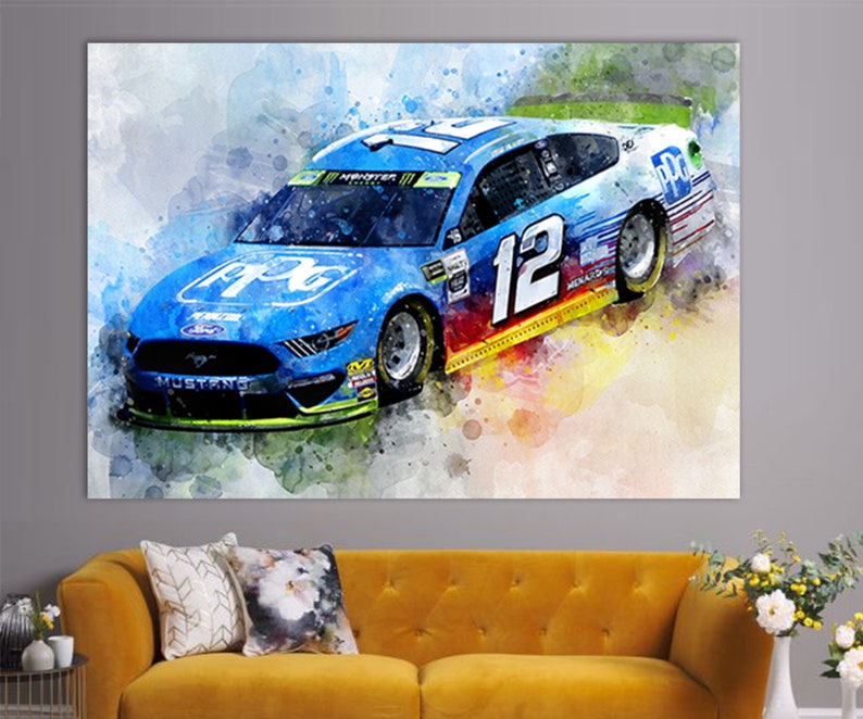 May include: Watercolor painting of a blue and white race car with the number 12 on the side. The car has sponsor logos and the word "Mustang" on the front. The artwork has a dynamic, artistic style with watercolor effects.