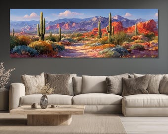 May include: A panoramic canvas print depicts a desert landscape with towering saguaro cacti, red rock formations, and distant mountains under a blue sky. The artwork features vibrant colors and a sense of vastness.