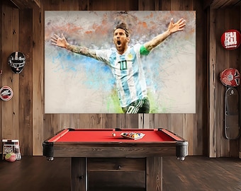 Impresión en lienzo de Lionel Messi, decoración de pared de fútbol, regalo para fan de Argentina, arte de pared de Lionel Messi, regalo para fan de fútbol, póster de acuarela de Lionel Messi