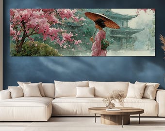 May include: A watercolor painting depicts a woman in a pink kimono holding an orange parasol, walking near a traditional Japanese pagoda. Cherry blossoms and a tree are in the foreground. The artwork has a serene, artistic quality.