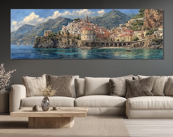 Amalfi Coast Canvas Print, Italy Coastal Wall Art, Amalfi Town Artwork, Mediterranean Seaside Painting