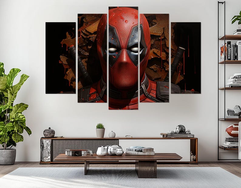 K&ouml;nnte beinhalten: Ein f&uuml;nfteiliger Leinwandkunstdruck mit der Figur Deadpool. Das Kunstwerk zeigt eine Nahaufnahme von Deadpools roter und schwarzer Maske und seinem Kost&uuml;m vor einem dunklen, strukturierten Hintergrund. Das Bild ist eine lebendige Darstellung des Comic-Antihelden.