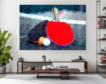 May include: A watercolor-style image of ping pong equipment. A red paddle with a blue edge is in the foreground, with a black paddle behind it. Two ping pong balls, one orange and one white, are next to the paddles. A net is in the background.
