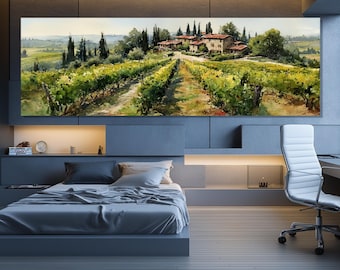 May include: A watercolor painting of a Tuscan vineyard scene. Rows of green grapevines lead to a villa with a red-tiled roof. Tall cypress trees and rolling hills fill the background. The artwork is displayed above a bed in a modern bedroom.