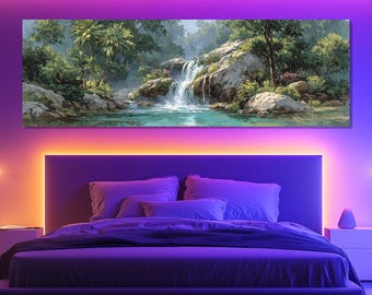 May include: A rectangular canvas print depicting a serene waterfall scene. The artwork showcases a cascading waterfall flowing into a turquoise pool, surrounded by lush greenery, rocks, and trees. The print is mounted above a bed with purple and orange lighting.